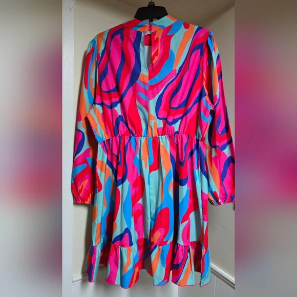 Retro Funky Disco Lantern Sleeve Ruffle Hem Dress NWOT XL - Picture 2 of 10